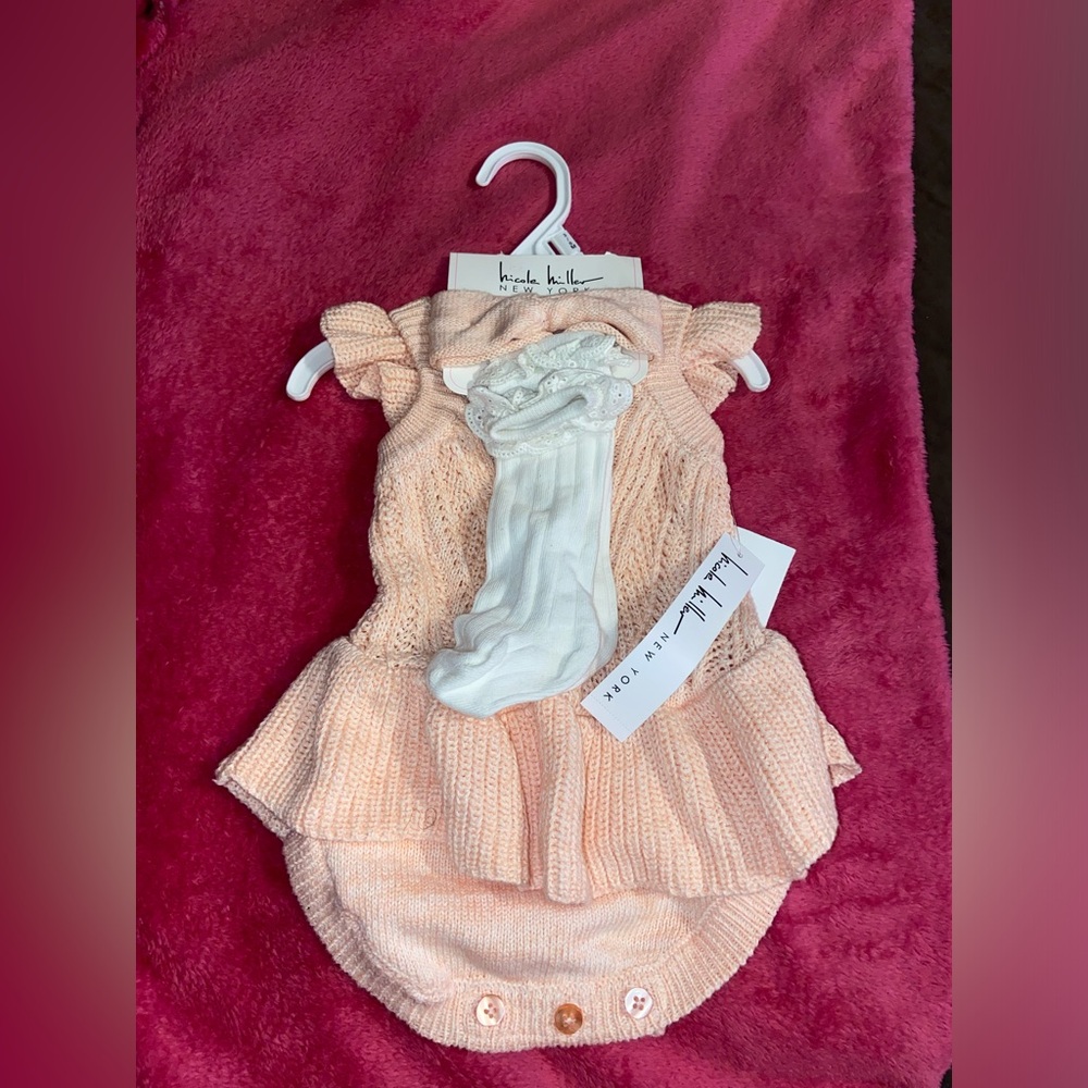 Nicole Miller Soft Peach Baby Dress with White Socks